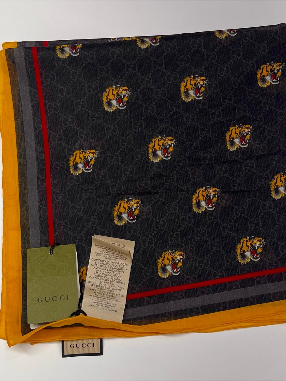 Gucci Black Cotton Scarf with Yellow Tiger Motif and Red Trim